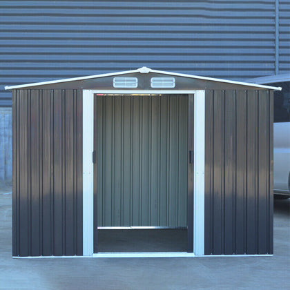 6x8ft Garden Shed Metal Galvanized Dark Grey 2 Door Outdoor Toolshed with Base