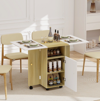 Mobile Folding Dining Table with Wheels Storage Cabinet Drop Leaf Kitchen Table
