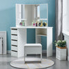 White Corner Dressing Table Makeup Desk Vanity Table 5 Drawers with Stool Mirror