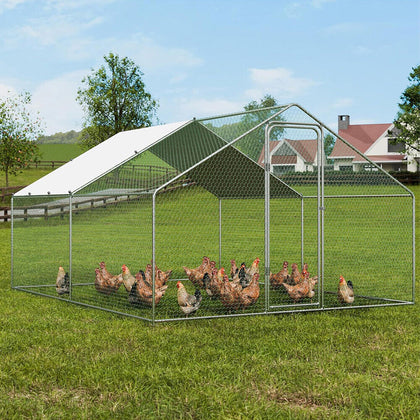 4X3X2m Walk In Chicken Run Galvanized Chicken Coop Hen House w/ Apex Roof Hutch
