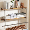 Industrial Pipe Clothes Rail Wall Mounted Garment Rack with 2Tier Shelves