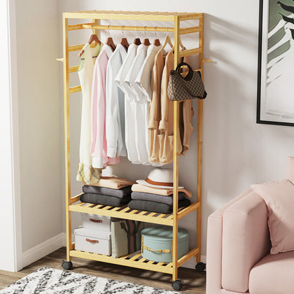 Bamboo Clothes Rail Coat Garment Rack Open Wardrobe Closet with Wheels