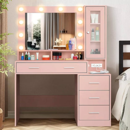 2 in1 Dressing Table with LED Lights Mirror 5 Drawers Socket Vanity Make up Desk
