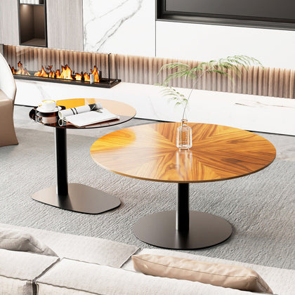 2pcs High Gloss Side End Table Sleek Tempered Glass & Wood Top Nesting Table Set