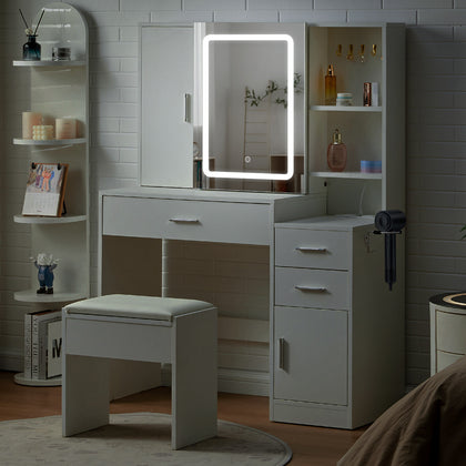 Makeup Dressing Table LED Lighted Mirror Vanity Desk Set w/Earring Hook Shelves