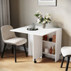 Mobile White Folding Dining Table Drop Leaf Rolling Desk with 2 Storage Shelves