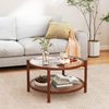 Round Coffee Table Glass Top Rattan Shelf Wooden Frame Living Room Centre Table