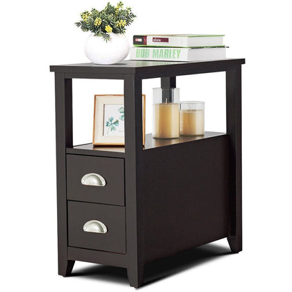 2 Drawers Narrow Side End Table Corner Storage Nightstand Compact Display Shelf
