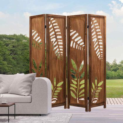 4-Panel Room Divider Privacy Screen with Carved Leaf Pattern-Brown