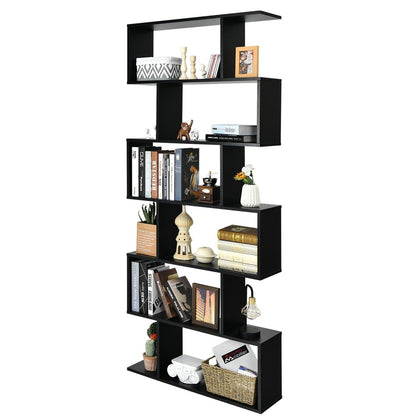 6 Tiers S-Shaped Display Bookshelf Wooden Free Standing Storage Shelf Black