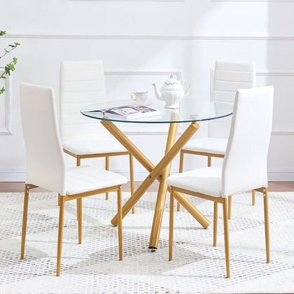 4pcs White Faux Leather Dining Chairs & Round Glass Dining Table Golden Legs Set