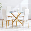 4pcs White Faux Leather Dining Chairs & Round Glass Dining Table Golden Legs Set