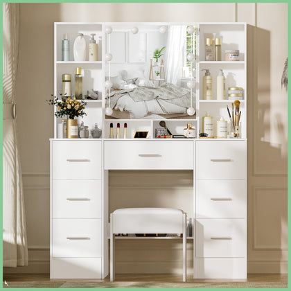 7 Drawers Vanity Makeup Table with Stool and Dresser Desk 10 LED Lighted Mirror