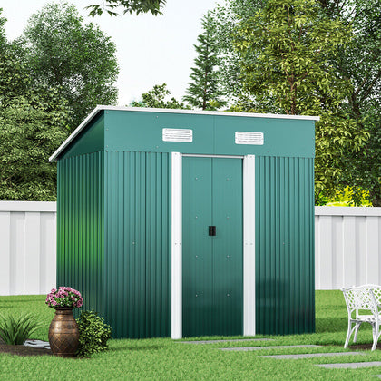 4x6ft Green Galvanized Steel Sheds Outdoor Storage w Sliding Door Foundation Kit