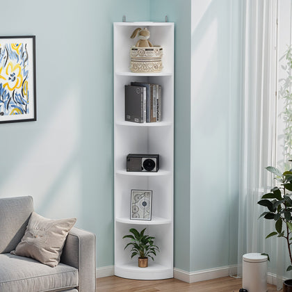 5-Tier Corner Bookshelf, White Freestanding Display Unit, 180cm Tall