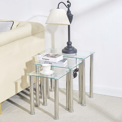 3pcs Rectangular Clear Tempered Glass Side End Nested Table Bedside Coffee Table