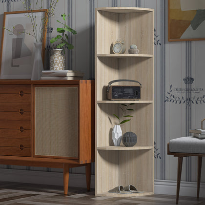 Modern 4 Tier Corner Bookshelf – Beige Wooden Storage Unit & Display Stand