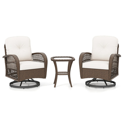 3 Pcs Patio Rattan Bistro Set 360° Swivel Outdoor Rocking Chairs-White