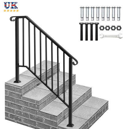 1-4 Steps Iron Handrail Stair Railing Hand Rail Kit Fit Outdoor Garden Steps UK