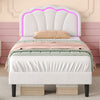 3ft Single Velvet White Upholstered Bed Frame w/ LED Headboard & Solid Wood Slat