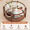 Round Coffee Table Glass Top Rattan Shelf Wooden Frame Living Room Centre Table