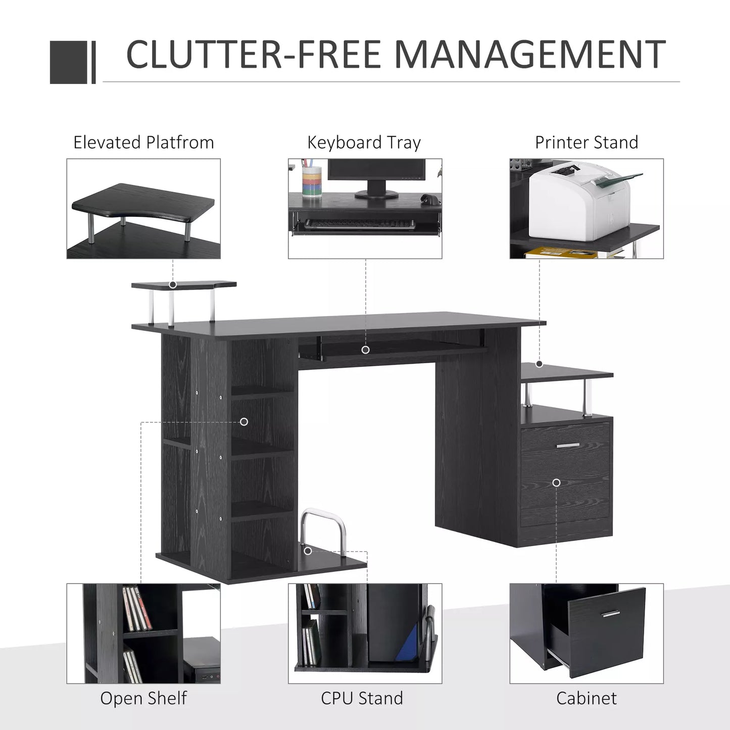 Modern Office Table Wooden Computer Work Desk Study Shelf Storage PC Rack Black