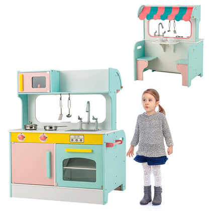 2-in-1 Kids Play Kitchen & Restaurant Wooden Pretend Double-sided Cooking Toy