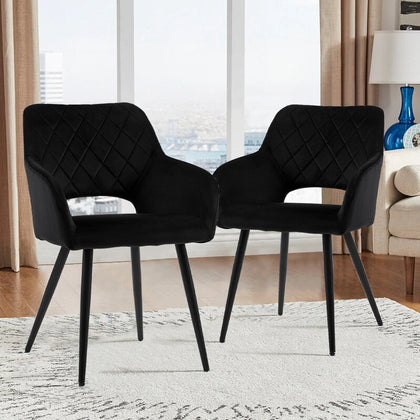 2Pcs Dining Chair Velvet Chair Diamond Seat with Metal Leg Dining Room Black