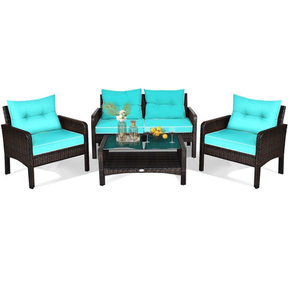 4 Pieces PE Rattan Patio Conversation Set Outdoor Rattan Furniture With Cushions