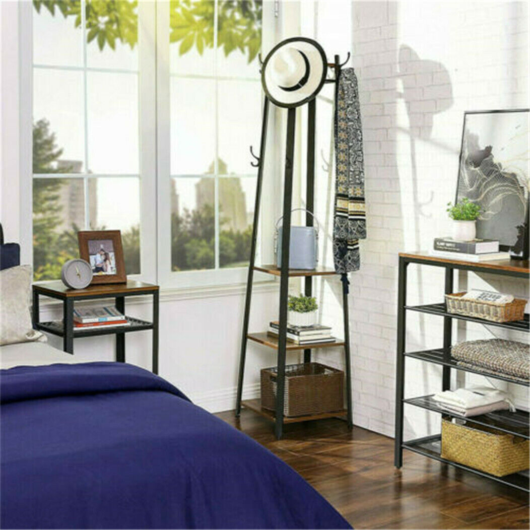 180cm Coat Stand Corner Garment Hat Rack Clothes Rails Hanger w/ 4 Storage Shelf