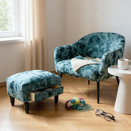 Luxury Blue Deluxe Velvet Ottoman Footstool with Shabby Chic Drawer for Bedroom