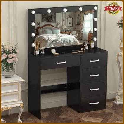 Makeup Desk Dressing Table Vanity Set With Large Mirror 11 LED Bulbs & 5 Drawers