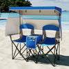 Folding Double Beach Chair w/ Adjustable Canopy Portable Loveseat Blue
