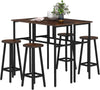 Bar Table Set 6PC Rustic Brown Counter Height Dining Table 4 Stools Steel Frame