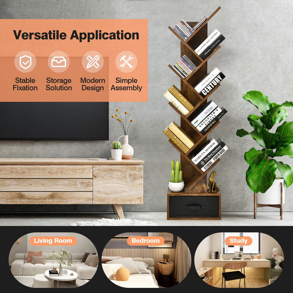 10 Tiers Bookshelf Display Bookcase Tree Shaped Storage Rack Shelves w ...