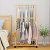 Natural Bamboo Clothes Rack Thicken Double Rod Rolling Garment Organizer w/Wheel