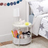 Round Storage End Table, White with Heather Grey Fabric, Modern Design