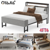 4FT6 METAL BED FRAME WITH GREY FABRIC UPHOLSTERED HEADBOARD DOUBLE BED FRAME Bft