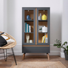 Display Cabinet Glass Door Wooden Storage Shelves Drawer Grey Modern