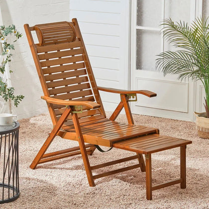 Bamboo Recliner Chair Outdoor Sun Lounger Garden Patio Adjustable Foot Rest UK