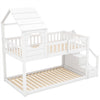 Cabin House Bunk Bed Solid Pine Wood Kids High Sleeper with Storage Stairs White