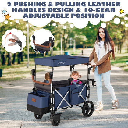 2 Passenger Push Pull Stroller Wagon Twin Stroller Wagon w/Removable Canopy