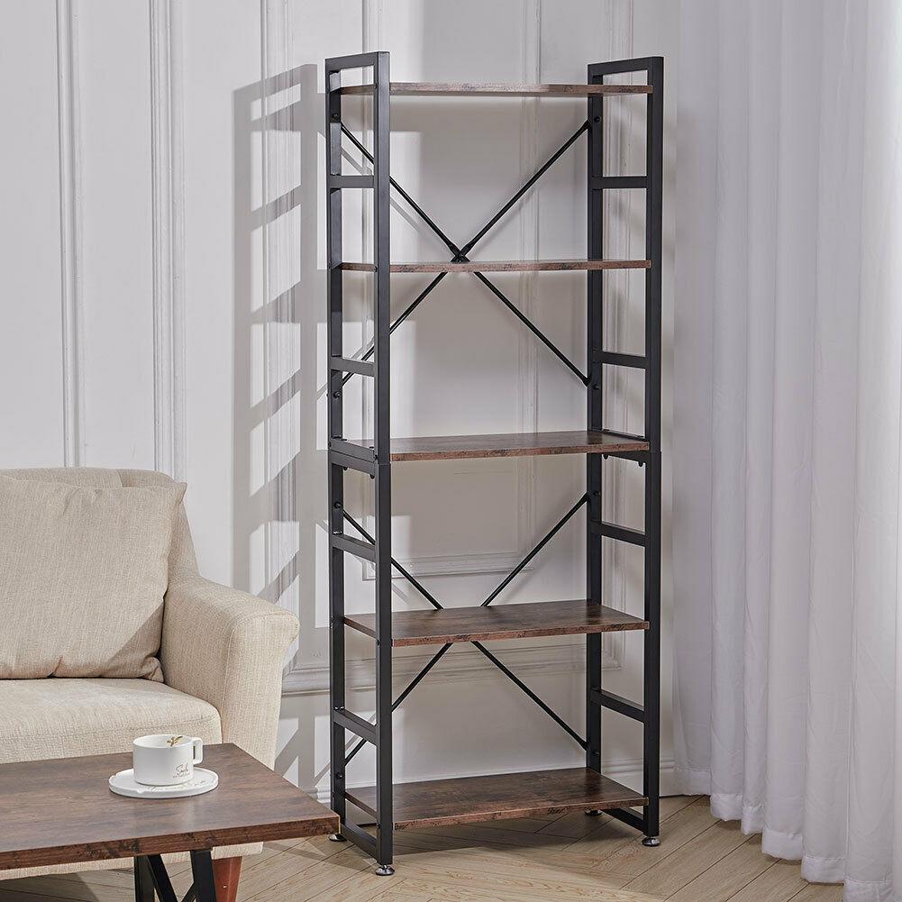 Rustic Ladder Bookshelf Industrial 5 Tiers Metal Frame Storage Rack Fa ...