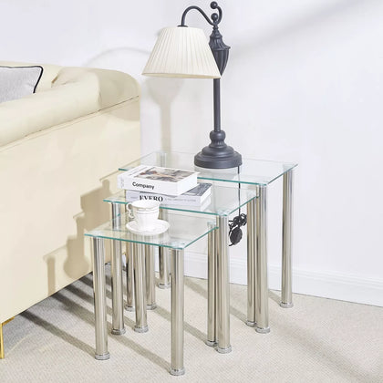 3pcs Rectangular Clear Tempered Glass Side End Nested Table Bedside Coffee Table