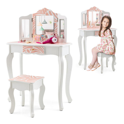 2-in-1 Kids Vanity Table Set Princess Pretend Play Dressing Table Writing Desk