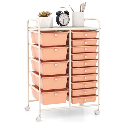15 Drawers Storage Trolley Mobile Rolling Utility Cart-Peach pink