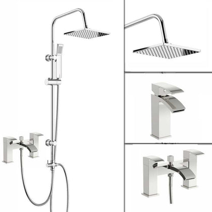 3 Way Square Shower Rigid Riser Kit Waterfall Bath Shower Mixer Tap & Basin Tap