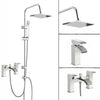 3 Way Square Shower Rigid Riser Kit Waterfall Bath Shower Mixer Tap & Basin Tap