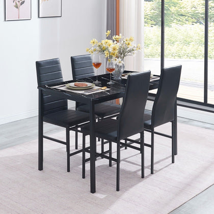 4x Black Faux Leather Dining Chairs&Black Marble MDF Top Dining Table Dining Set