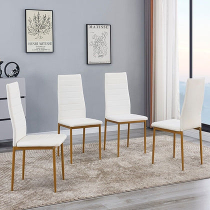 4pcs White High Back PU Leather Dining Chairs Golden Legs Dining Room Kitchen